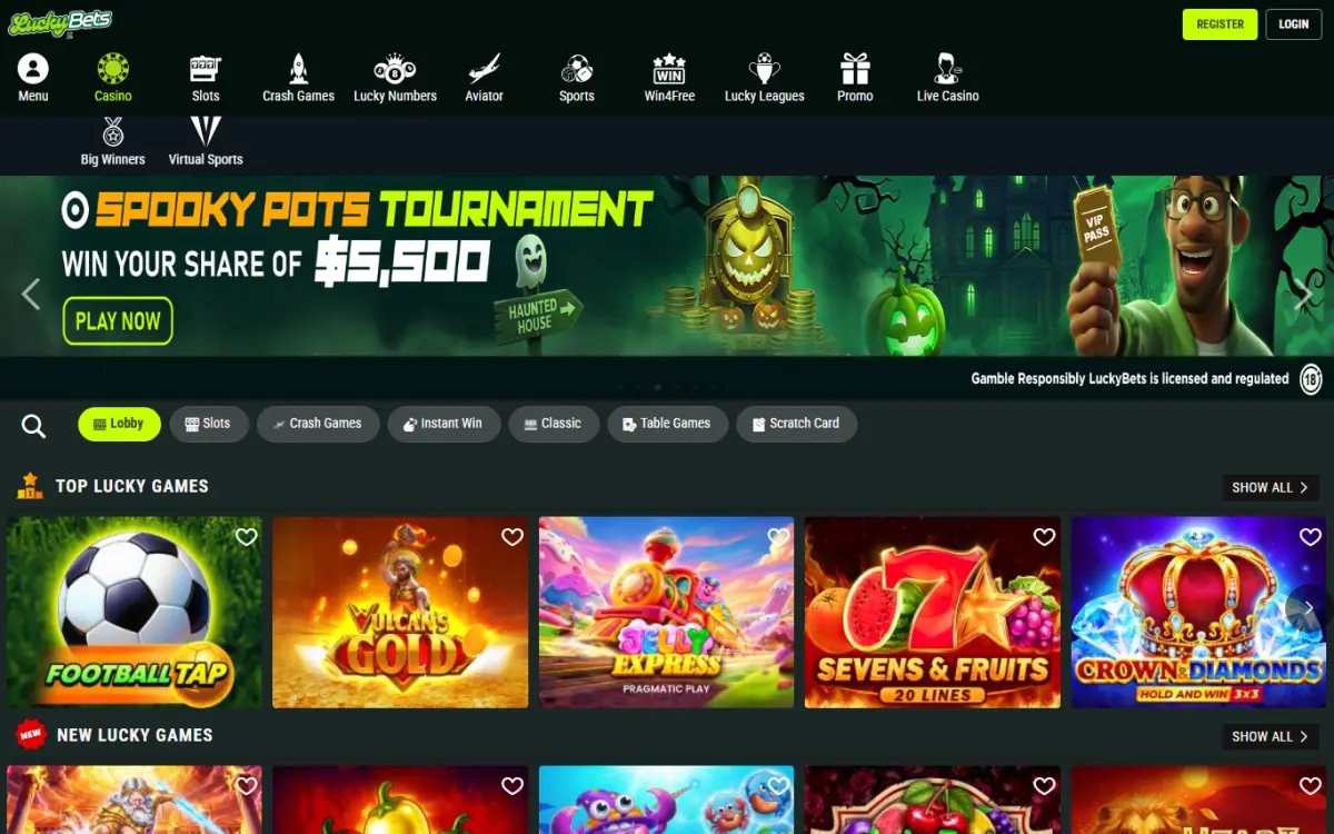 Screenshot of the LuckyBets website home page